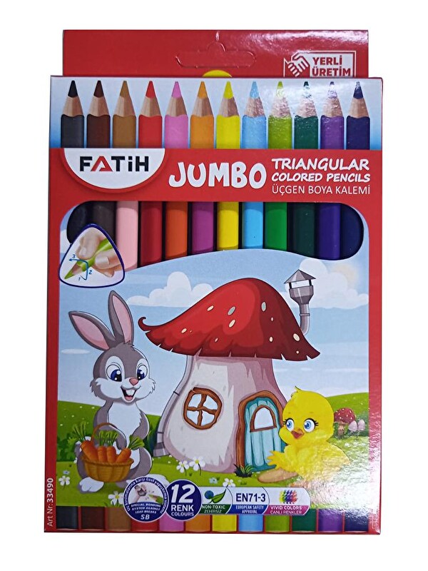 Fatih 12 li Jumbo Üçgen Kuru Boya Triangular 1 Paket Jumbo Üçgen Boya Kalemi 12 Renk Kuruboya