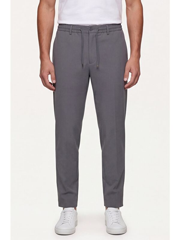 Sabri Özel Erkek Füme Normal Kesim Regular Fit Pamuklu Armürlü Bel Lastikli Jogger Pantolon