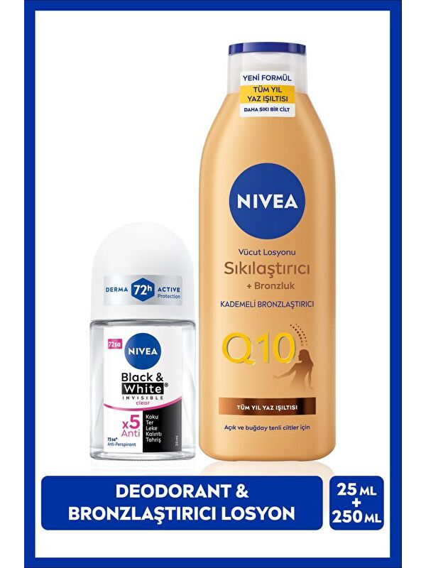 NIVEA Q10 Bronzlaştırıcı Vücut Losyonu 250ml ve Mini Roll-on Deodorant Black&White Invisible Clear 25ml