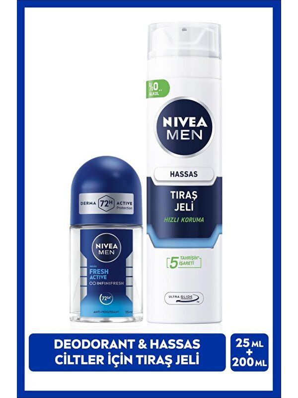 NIVEA MEN Erkek Hassas Ciltler İçin Koruyucu Tıraş Jeli 200ml ve Mini Roll-on Deodorant Fresh Active 25ml