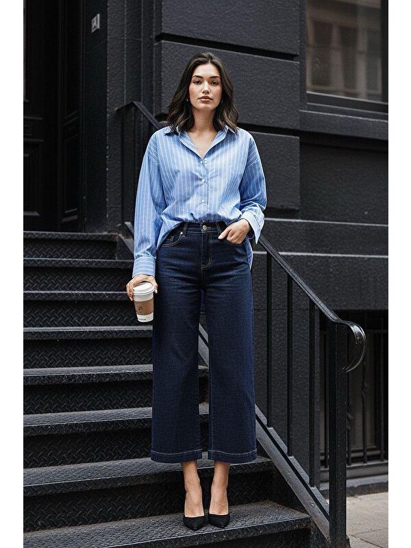 Madmext Lacivert Düz Kesim Geniş Paça Kadın Flared Jean Mg2630