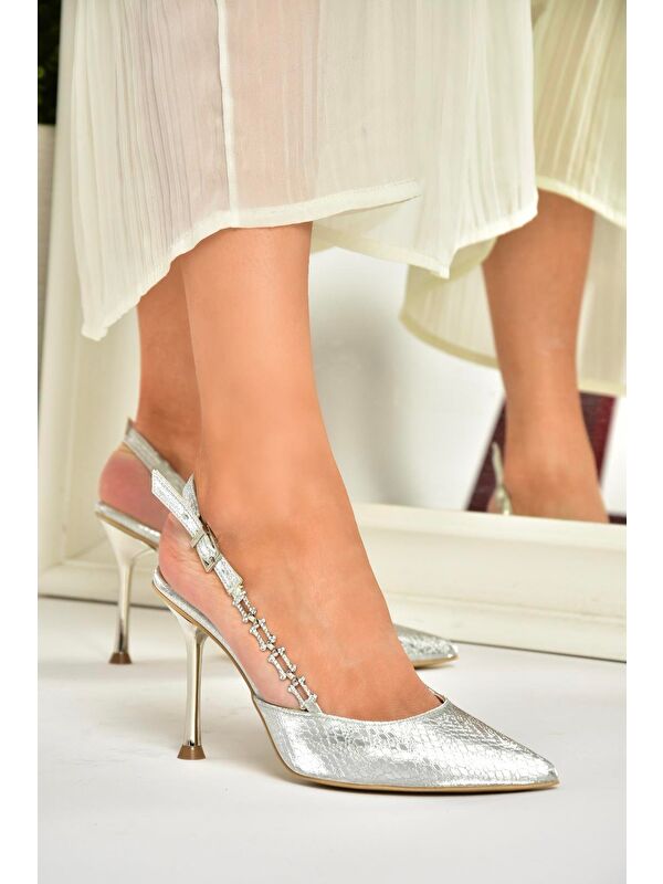 U8200996 Gümüş Kadın Topuklu Ayakkabı - Görsel 3