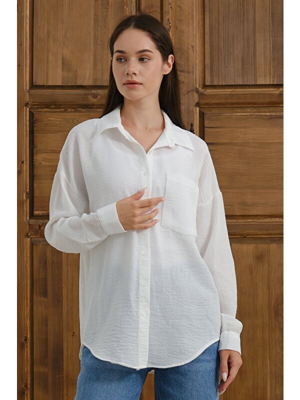 Lavix Kadın Oversize Gömlek Uzun Kollu Pamuklu Rahat Kalıp Günlük Basic Gömlek