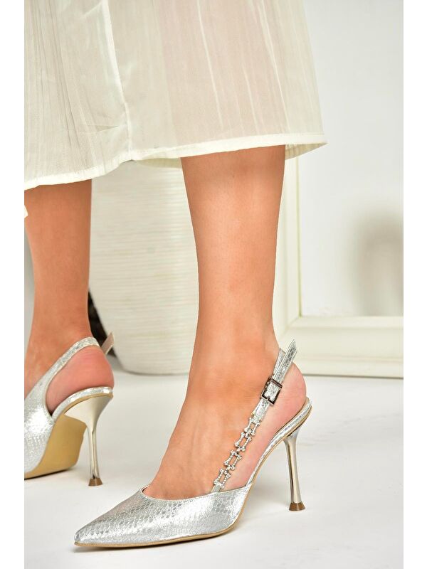 U8200996 Gümüş Kadın Topuklu Ayakkabı - Görsel 4