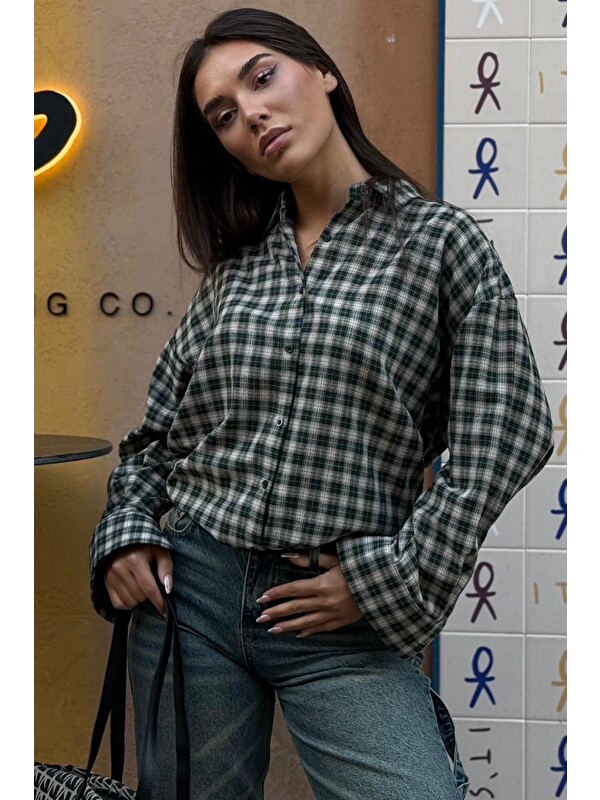 Madmext Yeşil Oversize Kareli Kadın Gömlek Mg2822