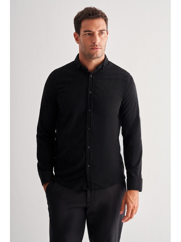 İMZA Siyah Smart Düğmeli Yaka Uzun Kol Cepsiz Slim Fit Casual Gömlek 1004255168