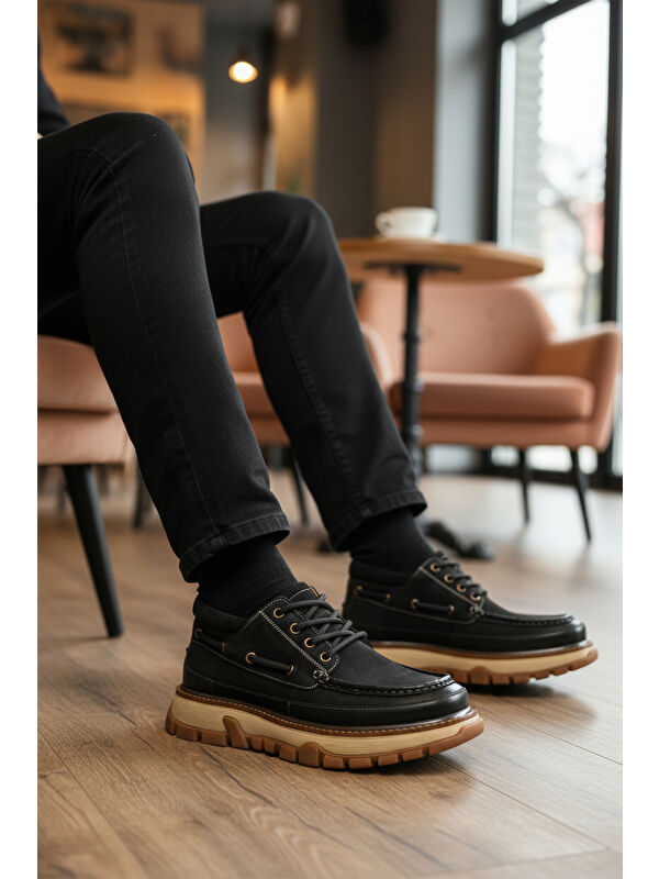 Siyah Nubuk Hakiki Deri Yüksek Taban Erkek Casual Ayakkabı 25K550 M - Görsel 4