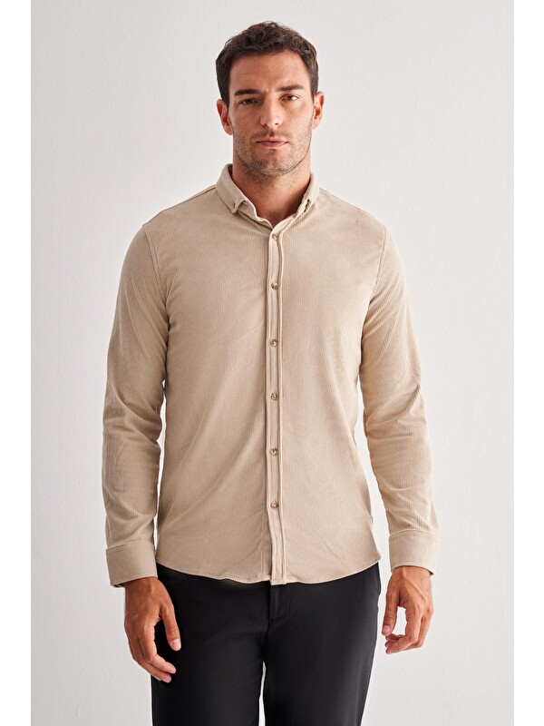 İMZA Bej Smart Düğmeli Yaka Uzun Kol Cepsiz Slim Fit Casual Gömlek 1004255168