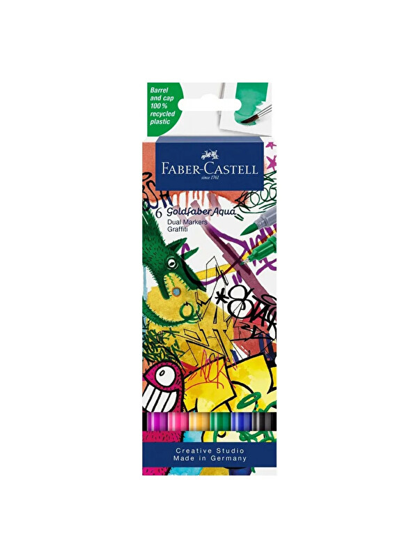 Faber-Castell Goldfaber Aqua 6’lı Çift Uçlu Graffiti Markör Seti, Su Bazlı, Fırça ve Fineliner Uçlu