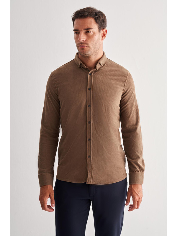 İMZA Koyu Vizon Smart Düğmeli Yaka Uzun Kol Cepsiz Slim Fit Casual Gömlek 1004255168