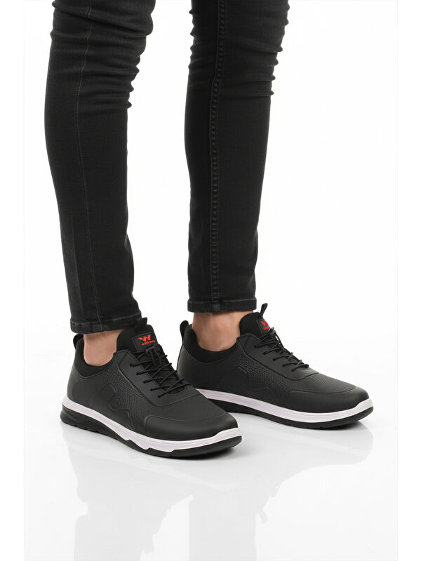 Siyah Kırmızı Lastik Bağcıklı Hafif Esnek Erkek Spor Ayakkabı Kaif 2323 M - Görsel 2