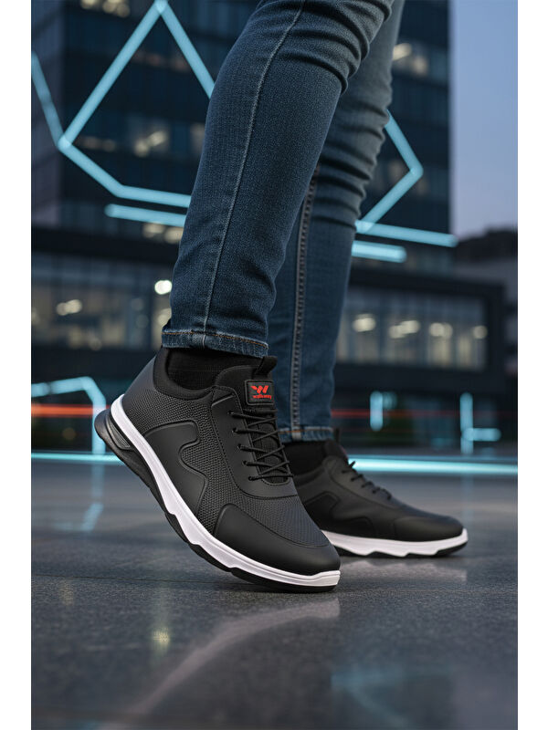 Siyah Kırmızı Lastik Bağcıklı Hafif Esnek Erkek Spor Ayakkabı Kaif 2323 M - Görsel 4