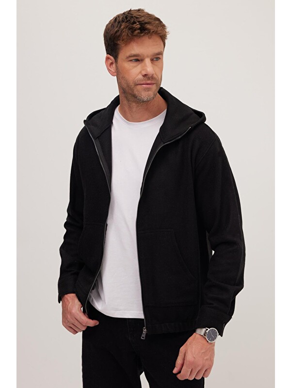 TUDORS Erkek Relax Fit Rahat Kesim Fermuarlı Çift Cep Kapüşonlu Siyah Sweatshirt