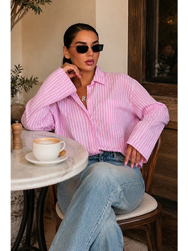 Madmext Pembe Çizgili Sendy Kumaş Kadın Gömlek Mg2834