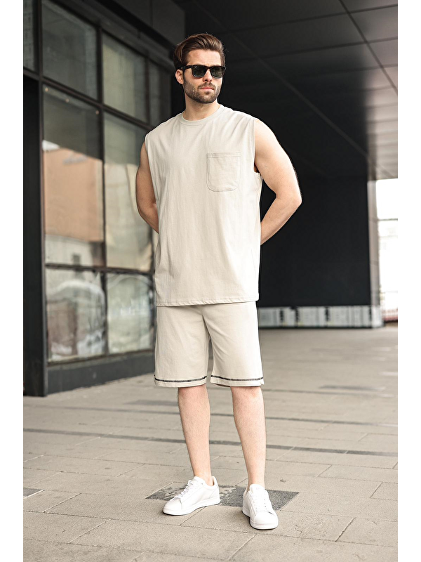 Madmext Boyalı Gri Bisiklet Yaka Kolsuz Erkek Şort T-Shirt Takım E7351