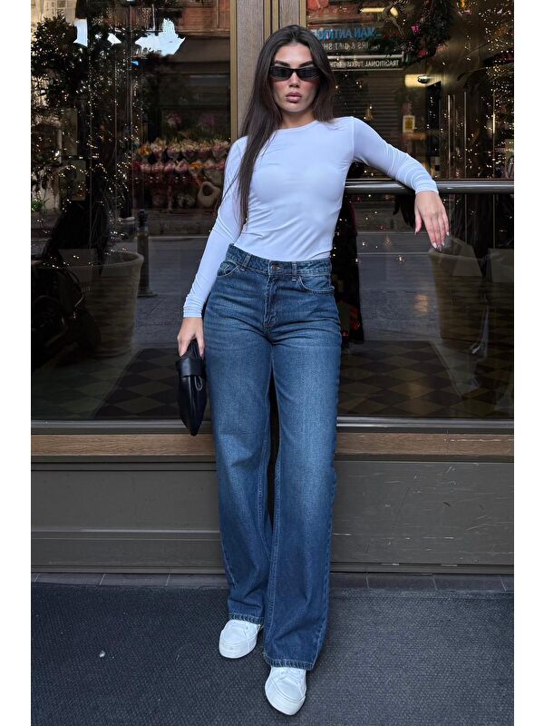 Madmext Mavi %100Pamuklu Geniş Paça Yüksek Bel Kadın Wide Leg Jean Mg2623