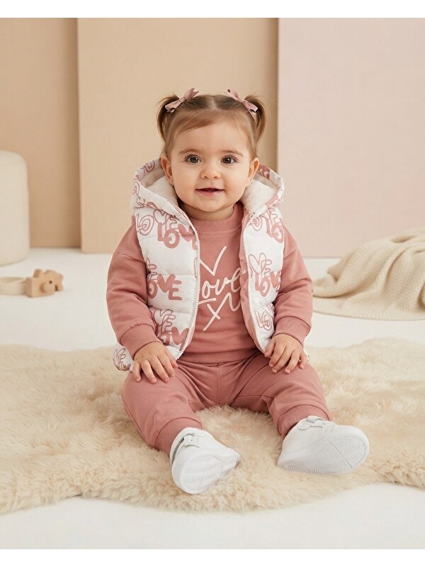 Ege Bebek Kız Bebek Mevsimlik Şişme Yelekli, Sweatshirt ve Pantolonlu 3'lü Takım