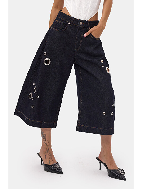 It's Basic Kadın İndigo Selvedge 7s6-50 Maxi Boy Tasarım Bermuda Şort