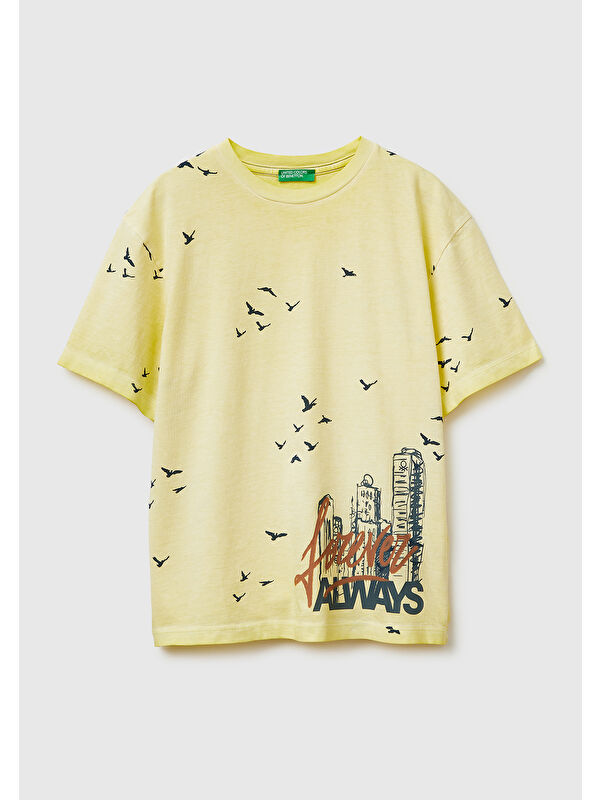United Colors Of Benetton Erkek Çocuk Sarı Çoklu Baskılı Yuvarlak Yaka T-Shirt