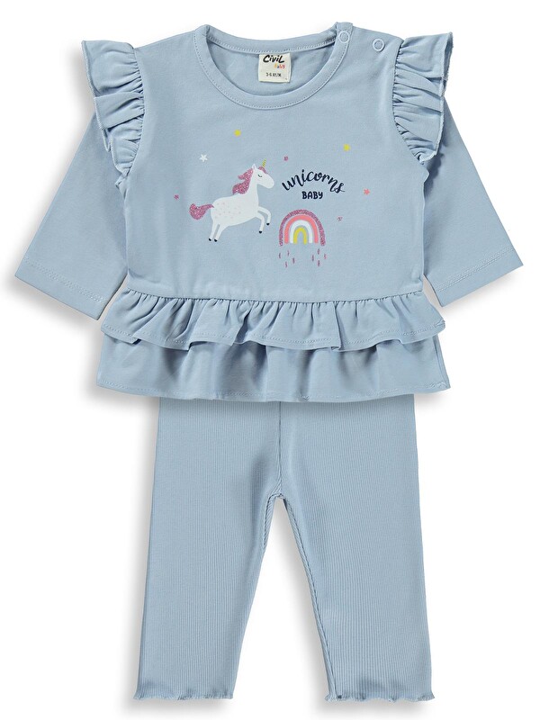 Civil Baby Baskılı Fırfırlı 3-18 Ay Takım - Mavi