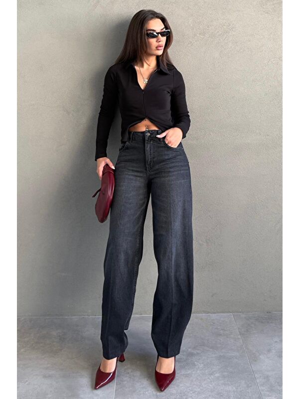 Madmext Antrasit Geniş Paça Yüksek Bel Kadın Wide Leg Jean Mg2623