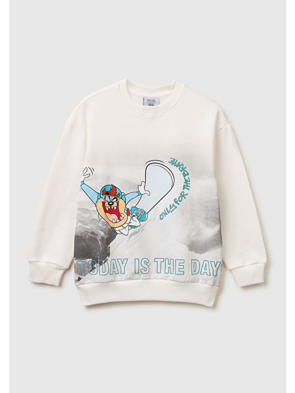 United Colors Of Benetton Erkek Çocuk Beyaz Baskılı Bisiklet Yaka Sweatshirt