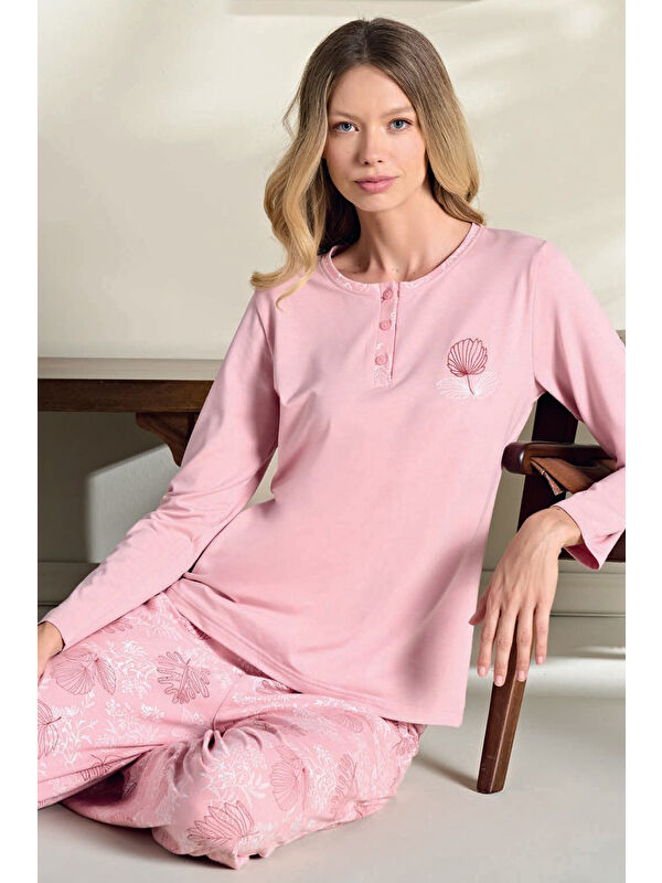 Remsa Büyük Beden Kadın Penye Uzun Kol Pijama Takımı 3122 Pembe