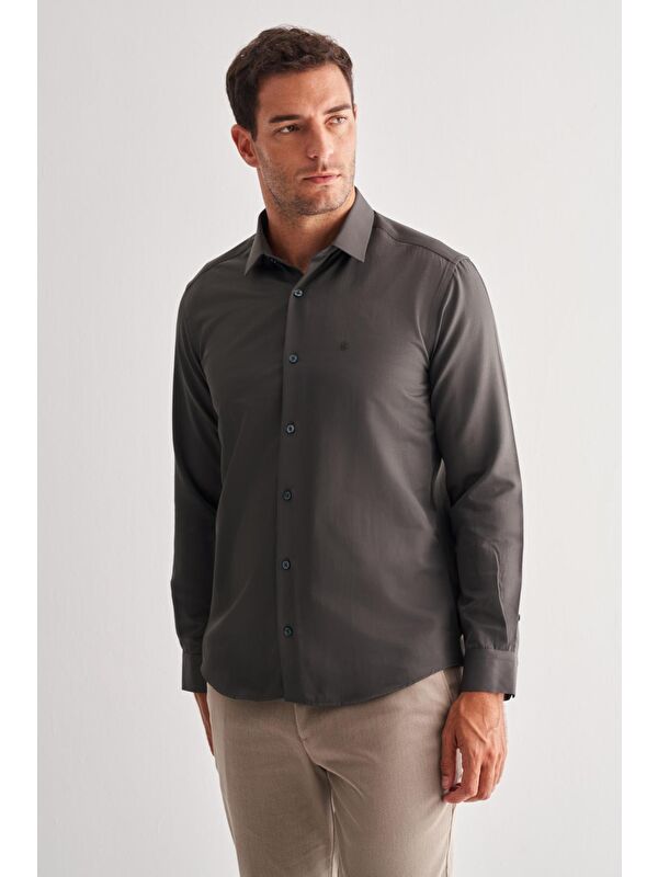 İMZA Haki Sert Yaka Uzun Kol Slim Fit Pamuklu Gömlek 1004255175