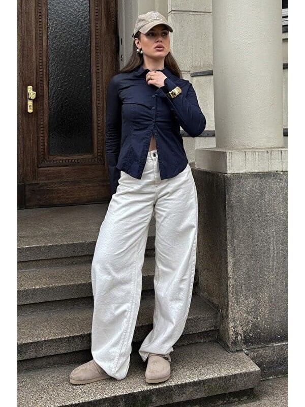Madmext Lacivert Vücuda Oturan Çizgili Slim Fit Kadın Gömlek Mg2659