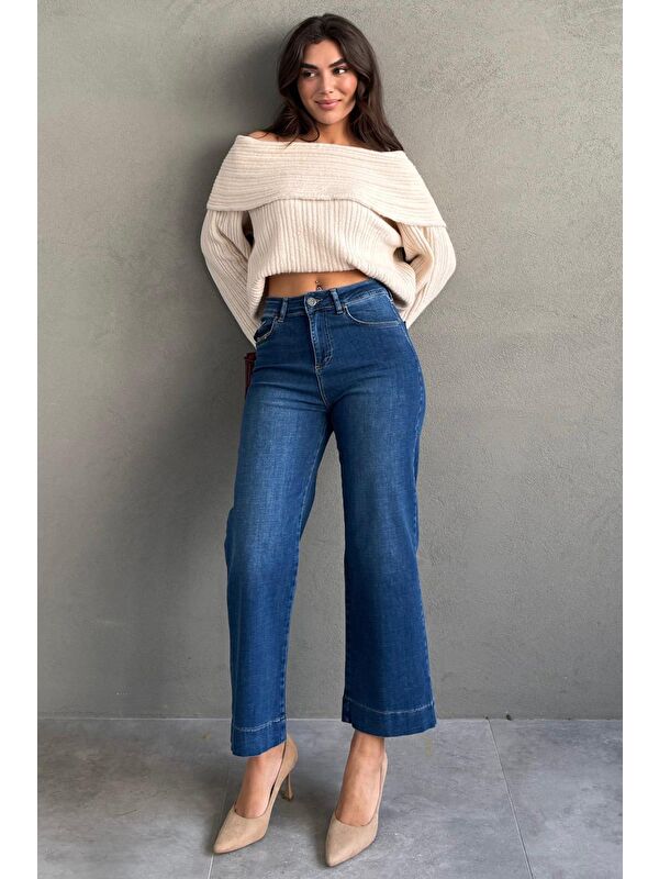 Madmext Mavi Düz Kesim Geniş Paça Kadın Flared Jean Mg2630