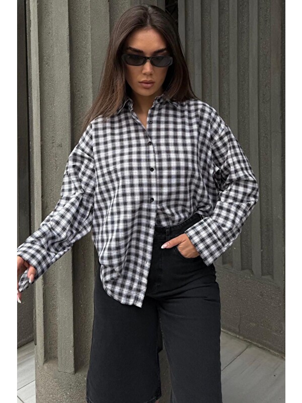 Madmext Siyah Oversize Kareli Kadın Gömlek Mg2822