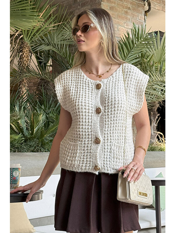 Lela Premium Oversize Fit Bisiklet Yaka Düğmeli Örgü Yelek 680YL1416