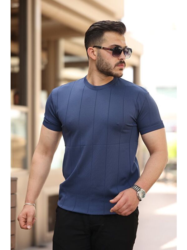 Jane's Erkek Ince çizgi Dokulu Bisiklet Yaka Kısa Kollu T-shirt