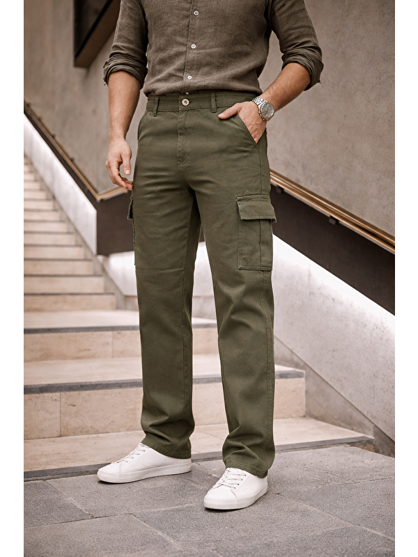 Comstar Erkek Yüksek Bel Bol Paça Haki Kargo Baggy Pantolon