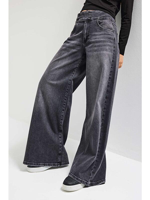 It's Basic Kadın Füme 4s6-14 Palazzo Fit Kemer Detaylı Elastan Kumaş Denim Jean