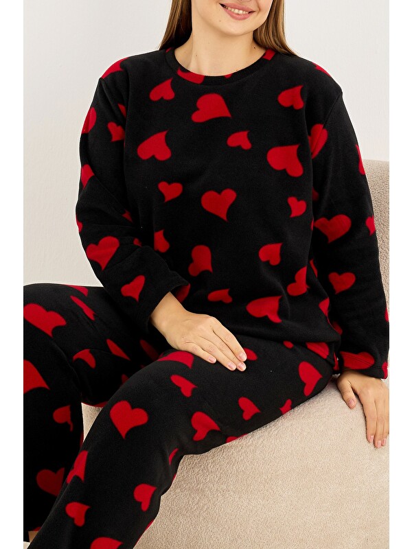 Siyah İnci Büyük Beden Polar Kışlık Örme Pijama Takım 25222566