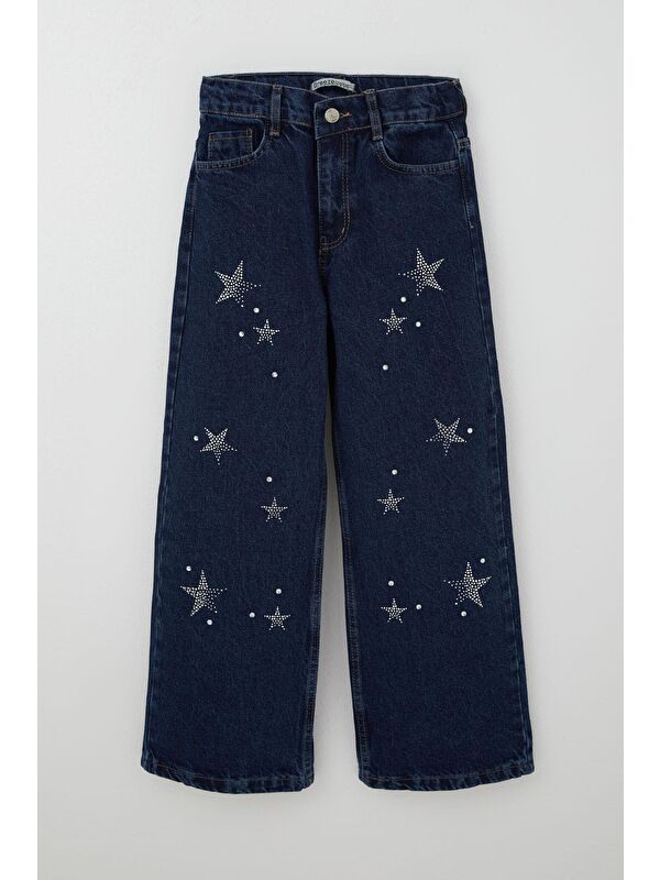 Breeze Kız Çocuk Jean Pantolon Taşlı Yıldız Aksesuarlı Koyu Mavi (10-14 Yaş)