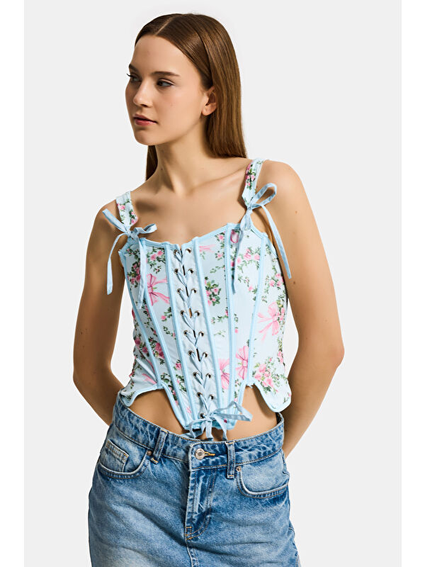 It's Basic Kadın Mavi w5 Balenli Crop Çiçek Desenli Dantel Detaylı Özel Tasarım Büstiyer