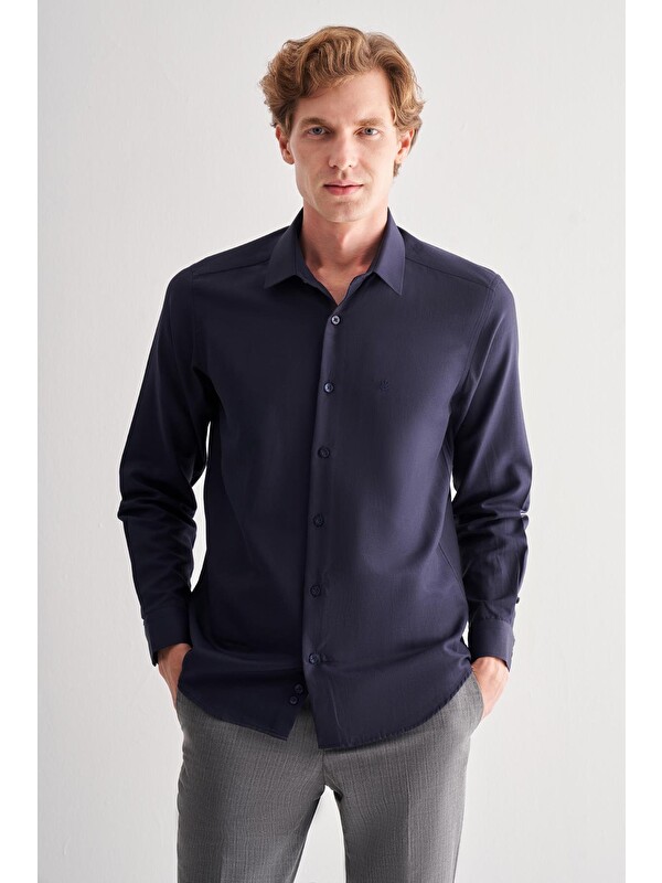 İMZA Lacivert Sert Yaka Uzun Kol Slim Fit Pamuklu Gömlek 1004255175