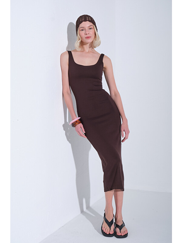 Domoda Örme Soft Touch Premium Geniş Askılı Örme Midi Elbise @Calabria