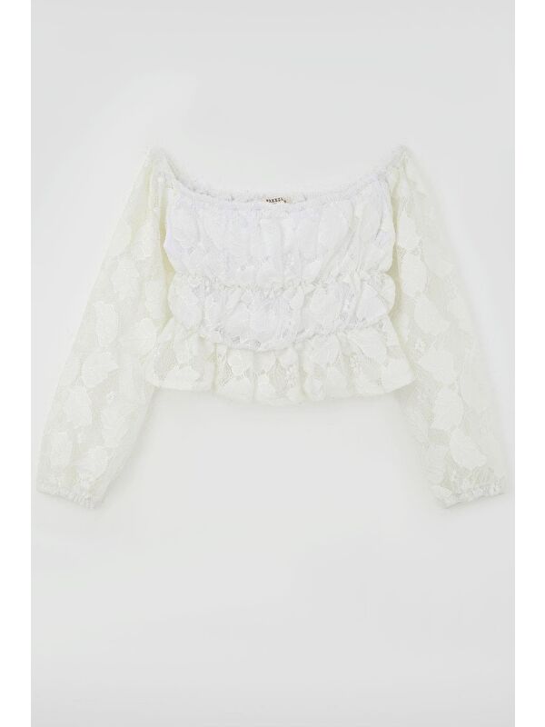 Breeze Kız Çocuk Uzun Kollu Dantelli Crop Bluz Yaprak Desenli Beyaz (9-14 Yaş)