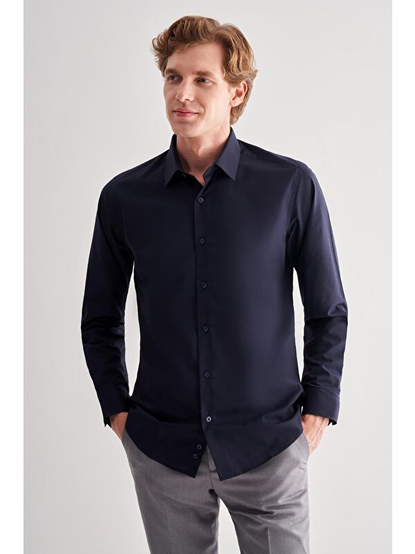 İMZA Koyu Lacivert Sert Yaka Filafil Desen Uzun Kol Slim Fit Pamuklu Gömlek 1004255181