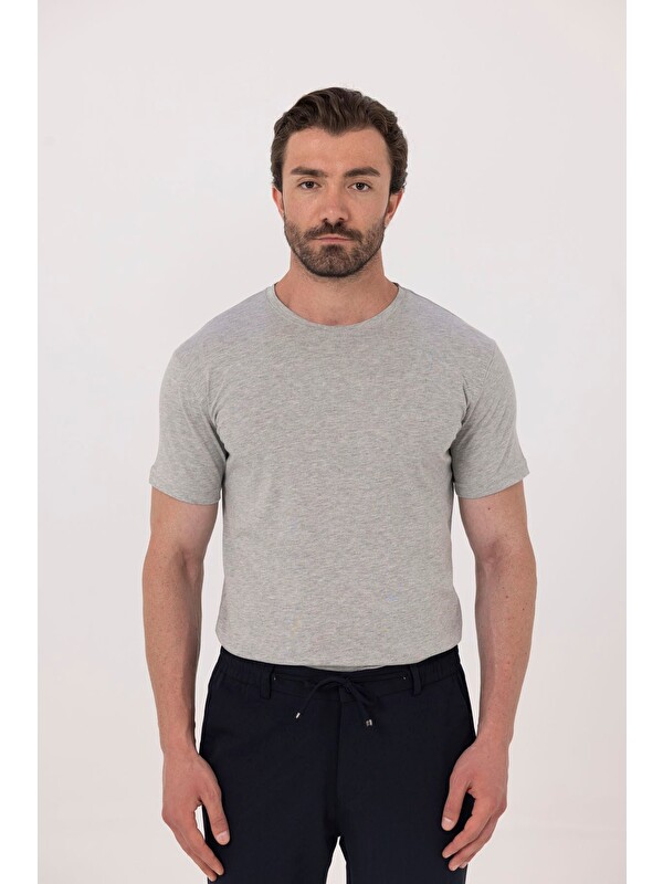 Sabri Özel Gri %100 Pamuk Bisiklet Yaka Düz Renk Basic T-Shirt