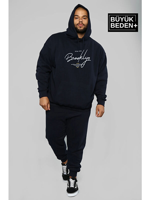 Süperlife El Yazılı Brooklyn Baskılı  İnce Kapüşonlu Erkek Büyük Beden Hoodie SPR25BSW58