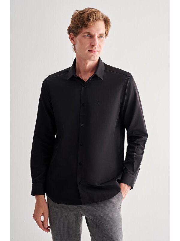 İMZA Siyah Sert Yaka Uzun Kol Slim Fit Pamuklu Gömlek 1004255175