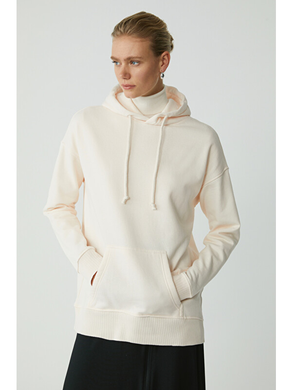 ETHIQUET CARLY Kadın Içi Polarlı Yumuşacık Kapüşonlu Kanguru Cepli Oversize Fit EKRU Sweatshirt