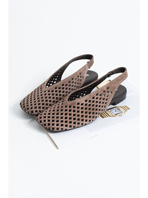 DUXAL SHOES Flavia Hakiki Deri Lazer Kesim Örgü Desenli Slingback Kadın Sandalet Babet
