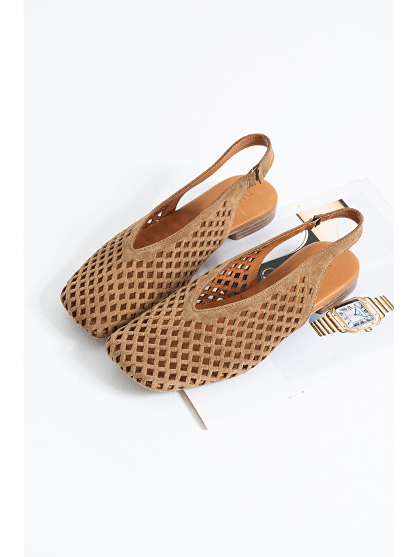 DUXAL SHOES Flavia Hakiki Deri Lazer Kesim Örgü Desenli Slingback Kadın Sandalet Babet