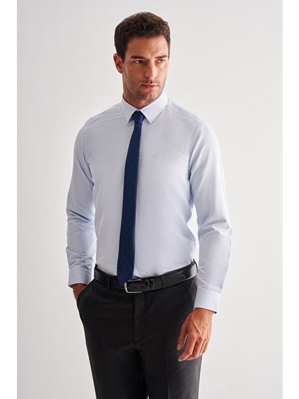 İMZA Mavi Sert Yaka Uzun Kol Slim Fit Pamuklu Gömlek 1004255175