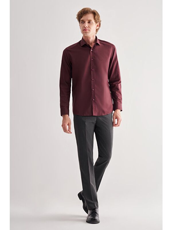 İMZA Bordo Yarım İtalyan Yaka Uzun Kol Slim Fit Pamuklu Gömlek 1004255180